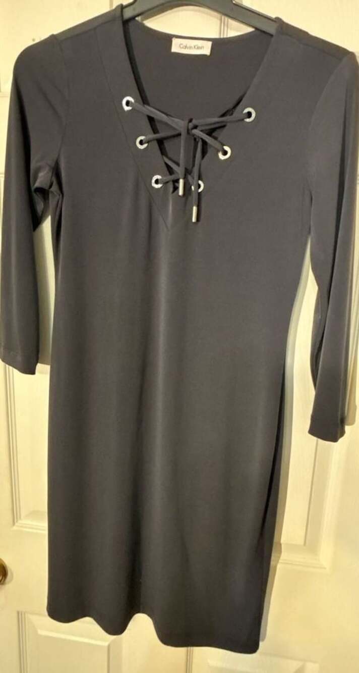 Calvin Klein Dress Lace-Up V-Neck Gray Knit Long Sleeve Midi